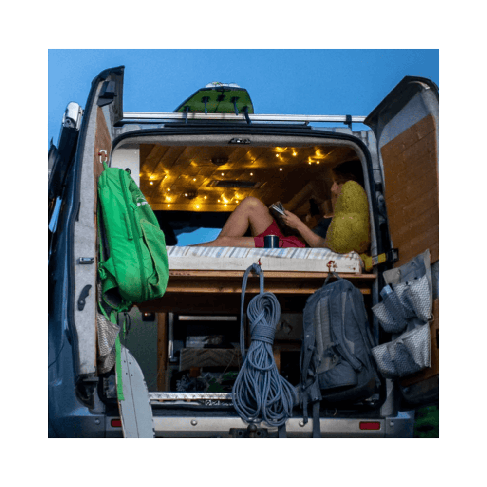 Micro Vault Tool Holder inside a van with climbing gear and cozy lights, showcasing versatile tool organization.