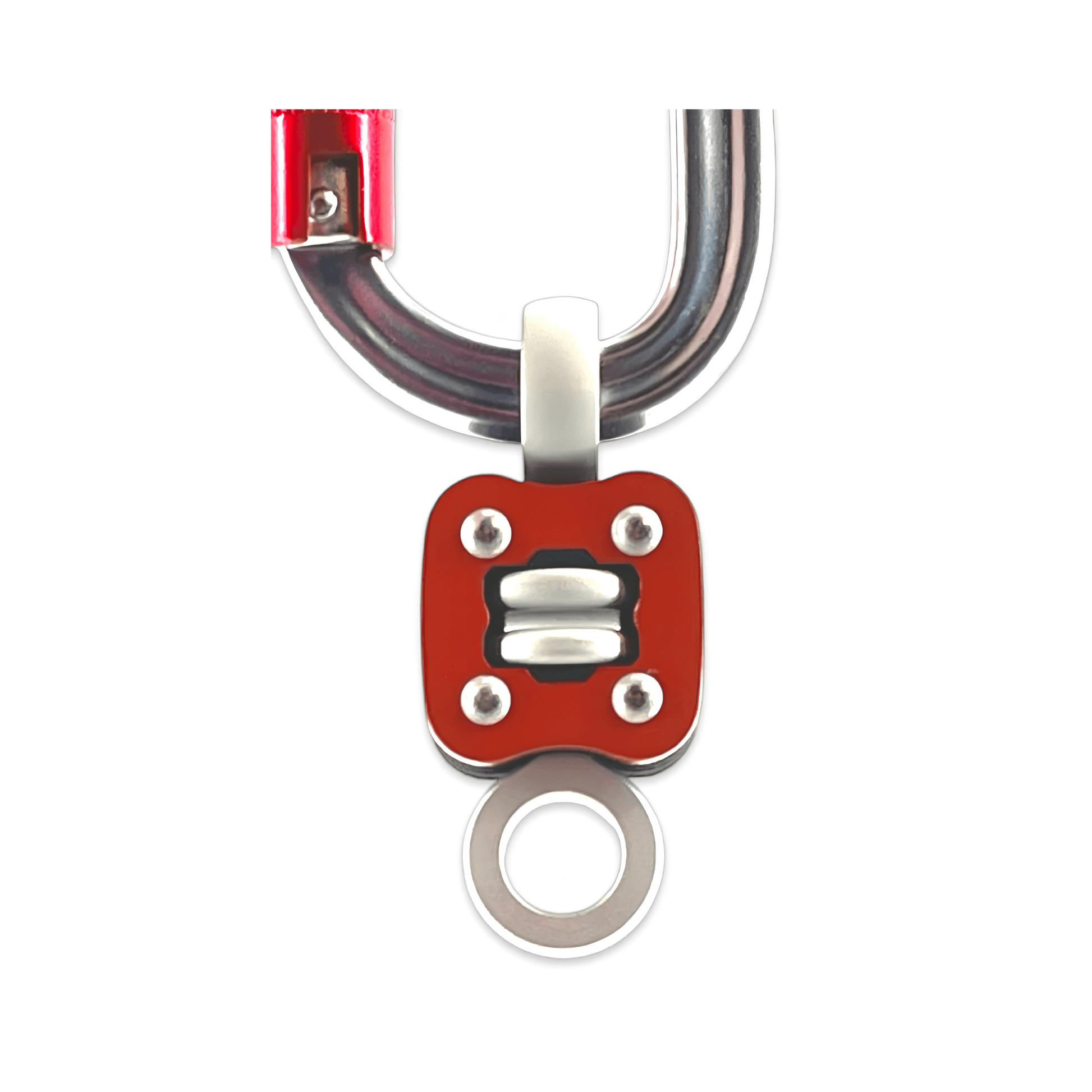 Omnix Swivel Eye&Eye connector with red housing and integrated swivel mechanism for arborist applications.