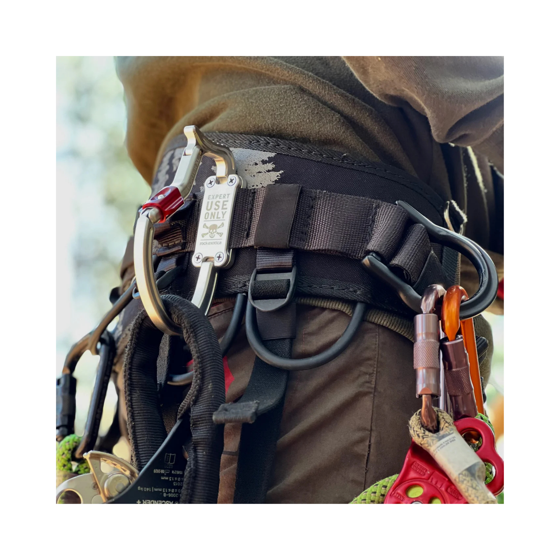 TransPorter XL Tool Karabiner attached to a harness for secure tool access while climbing.
