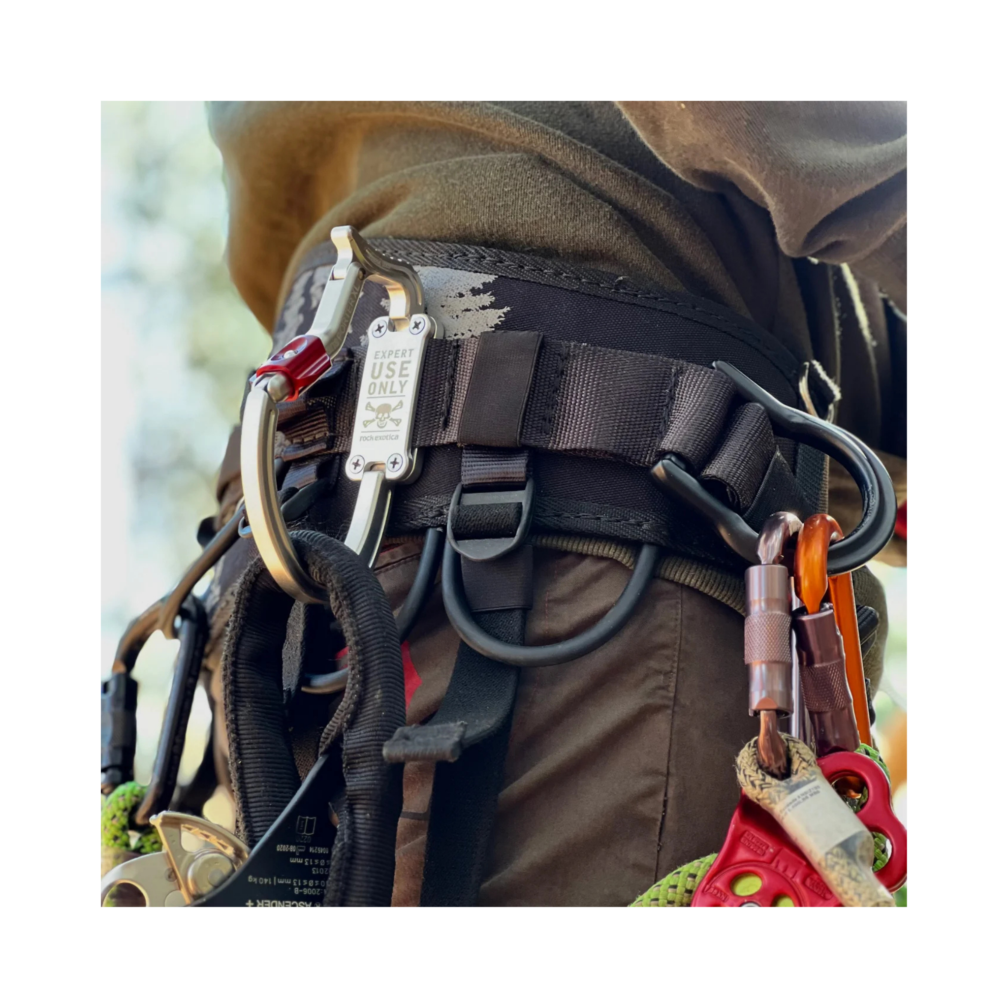 TransPorter XL Tool Karabiner attached to a harness for secure tool access while climbing.