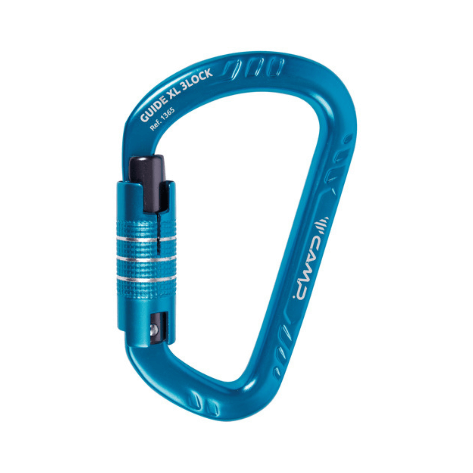 GUIDE XL 3LOCK Aluminium Carabiner in vibrant blue with triple-locking mechanism and D-shape design.