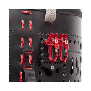 DMM Parking Lot gear mounting adaptor plate with red carabiners attached to harness