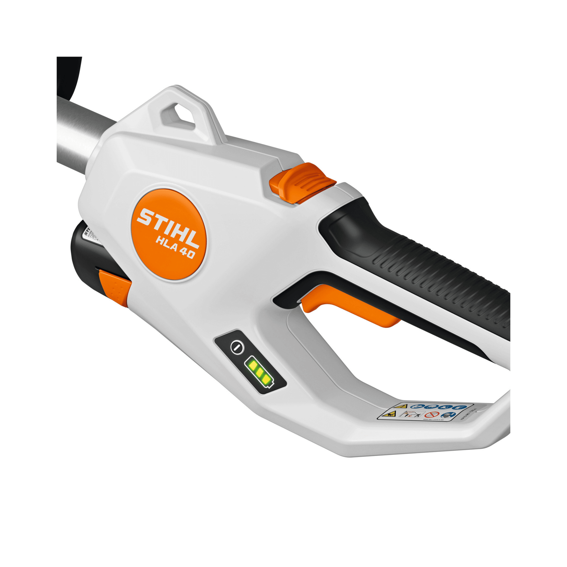 HLA 40 Cordless Telescopic Long-Reach Hedge Trimmer handle with controls for tree surgeon and arborist use.