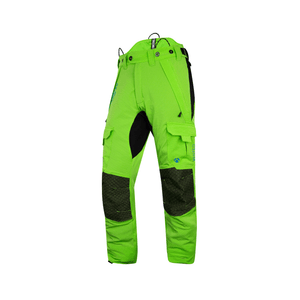 Vented Chainsaw Trousers Type A in vibrant green for arborists, offering cooling airflow and chainsaw protection.
