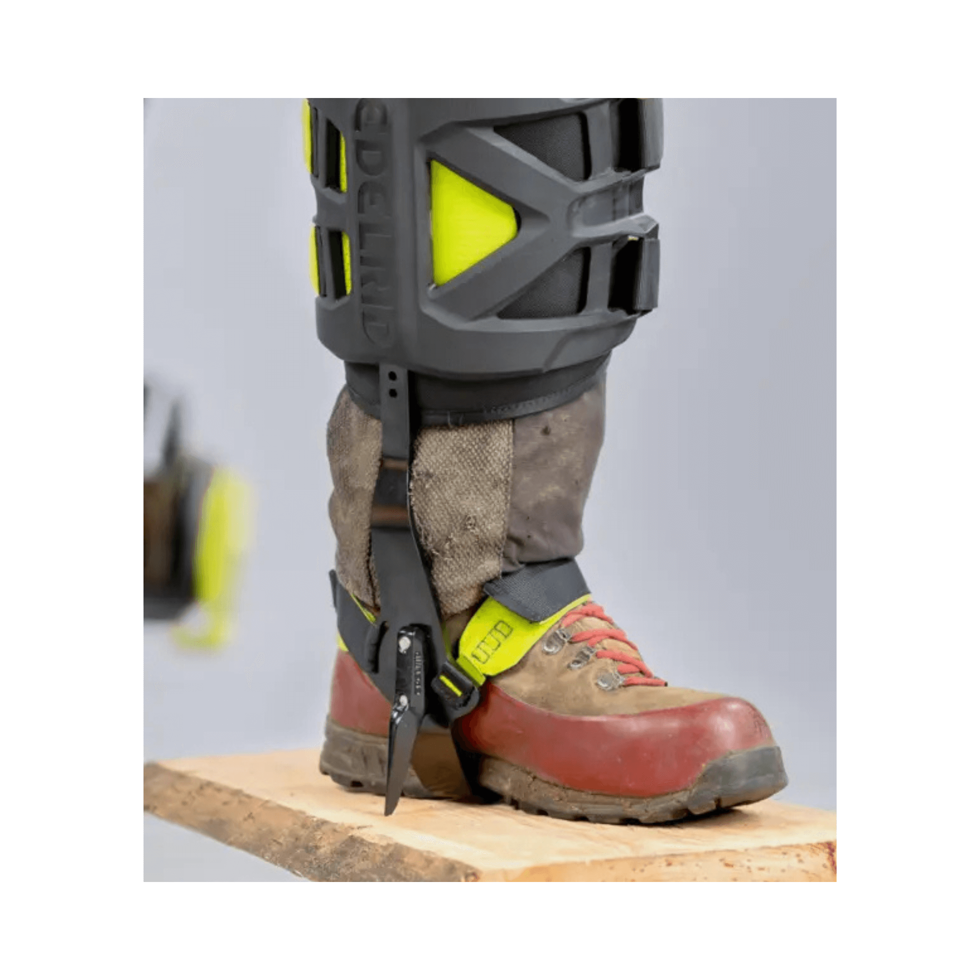 Talon Tree Climbing Spikes attached to a tree surgeon's boot, showcasing ergonomic design and stability for arborists.