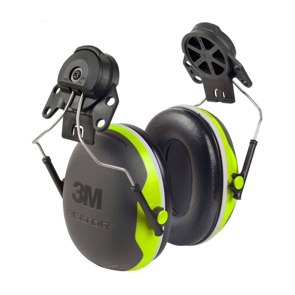 A pair of 3M Peltor X4 Ear Defenders in black and green color, designed to be worn under helmets with a slimline profile.