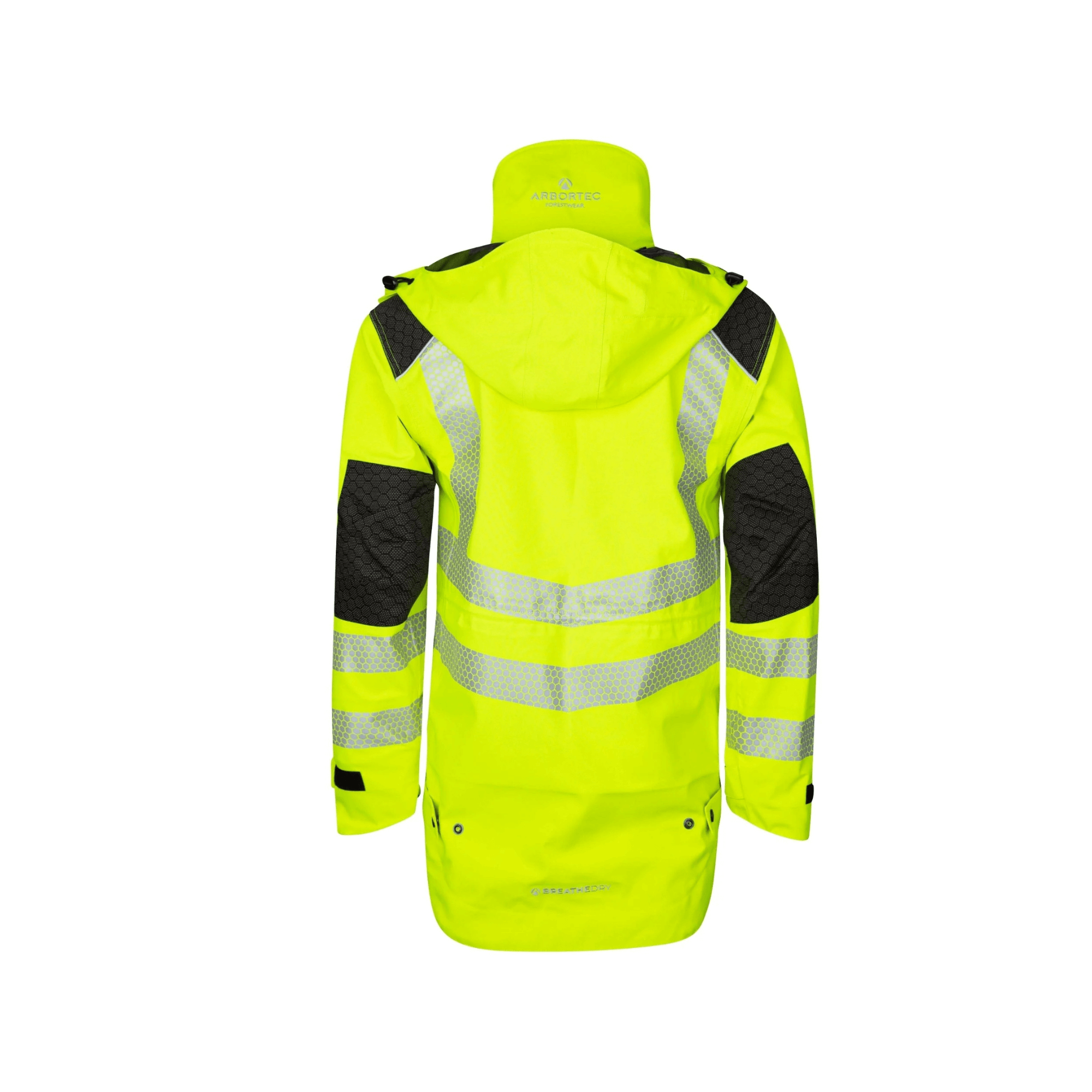Heavy Duty Full Zip Waterproof Jacket Hi Vis Yellow back view featuring reflective stripes and hood
