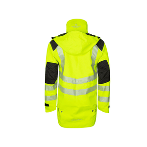 Heavy Duty Full Zip Waterproof Jacket Hi Vis Yellow back view featuring reflective stripes and hood