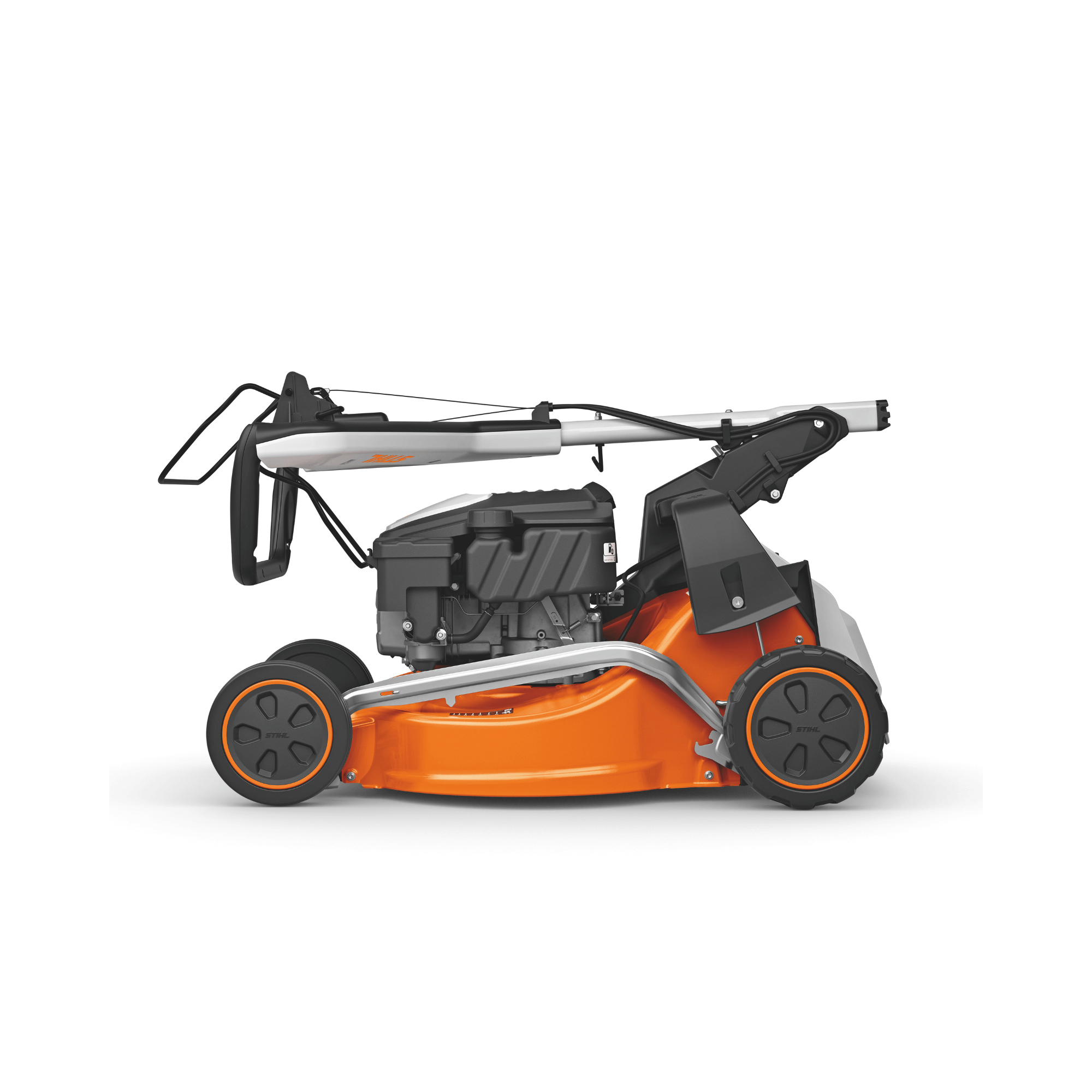 STIHL RM 248 T Self Propelled Petrol Lawn Mower side view showcasing its robust design.