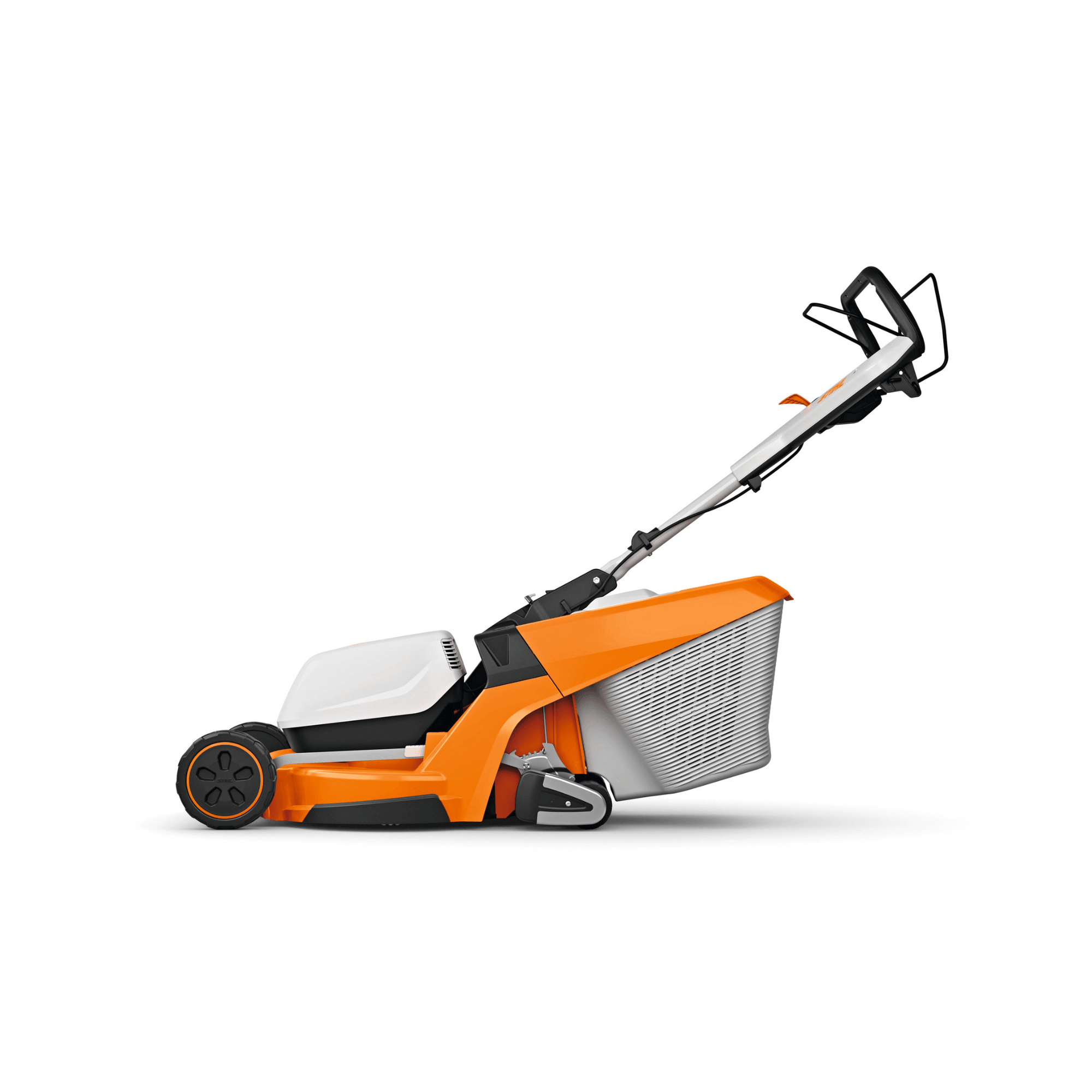 STIHL RMA 448 RV cordless lawnmower side view showing the double-layer polymer deck and rear roller.