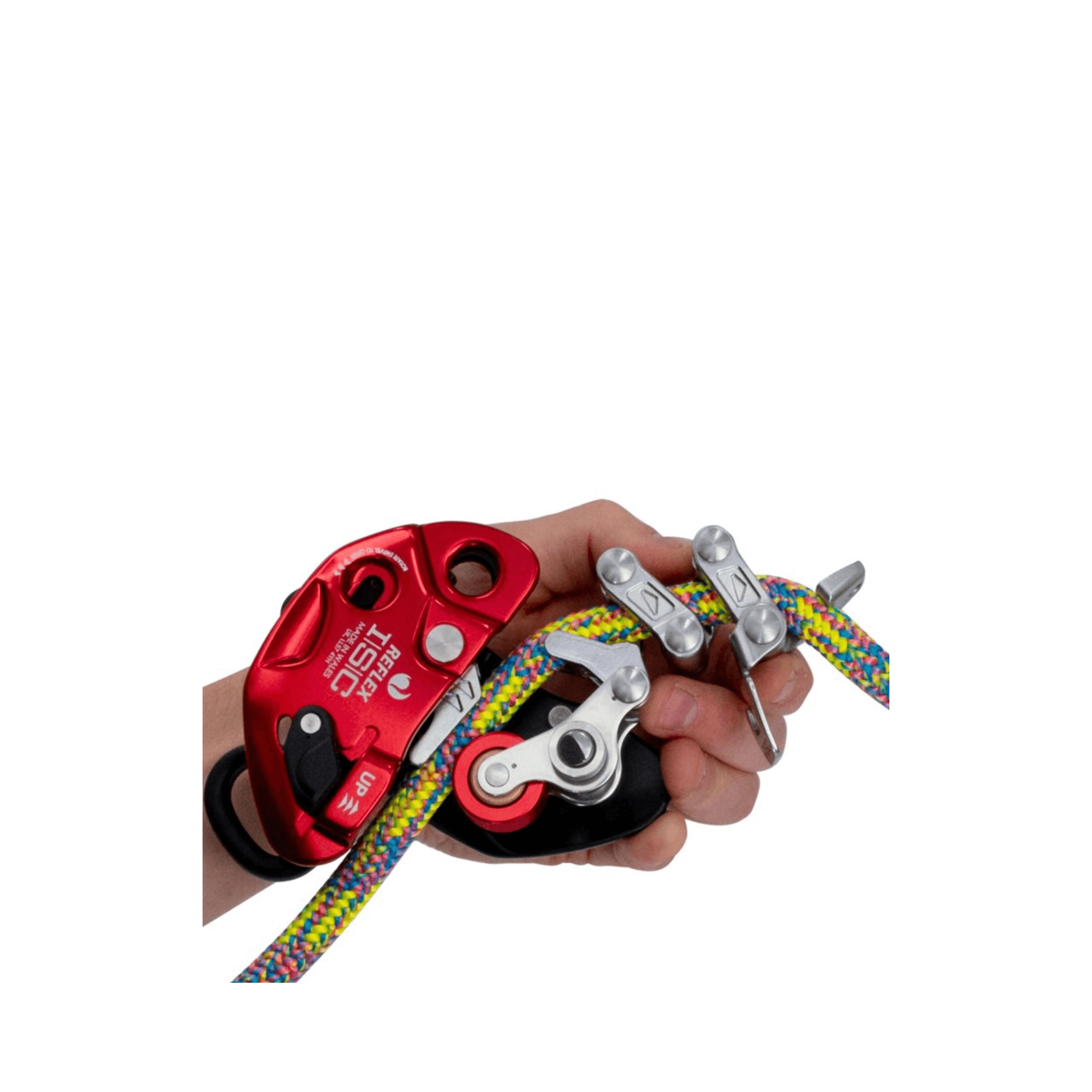 REFLEX Mechanical Hitch held in hand with colorful rope, showcasing its precise friction control features.