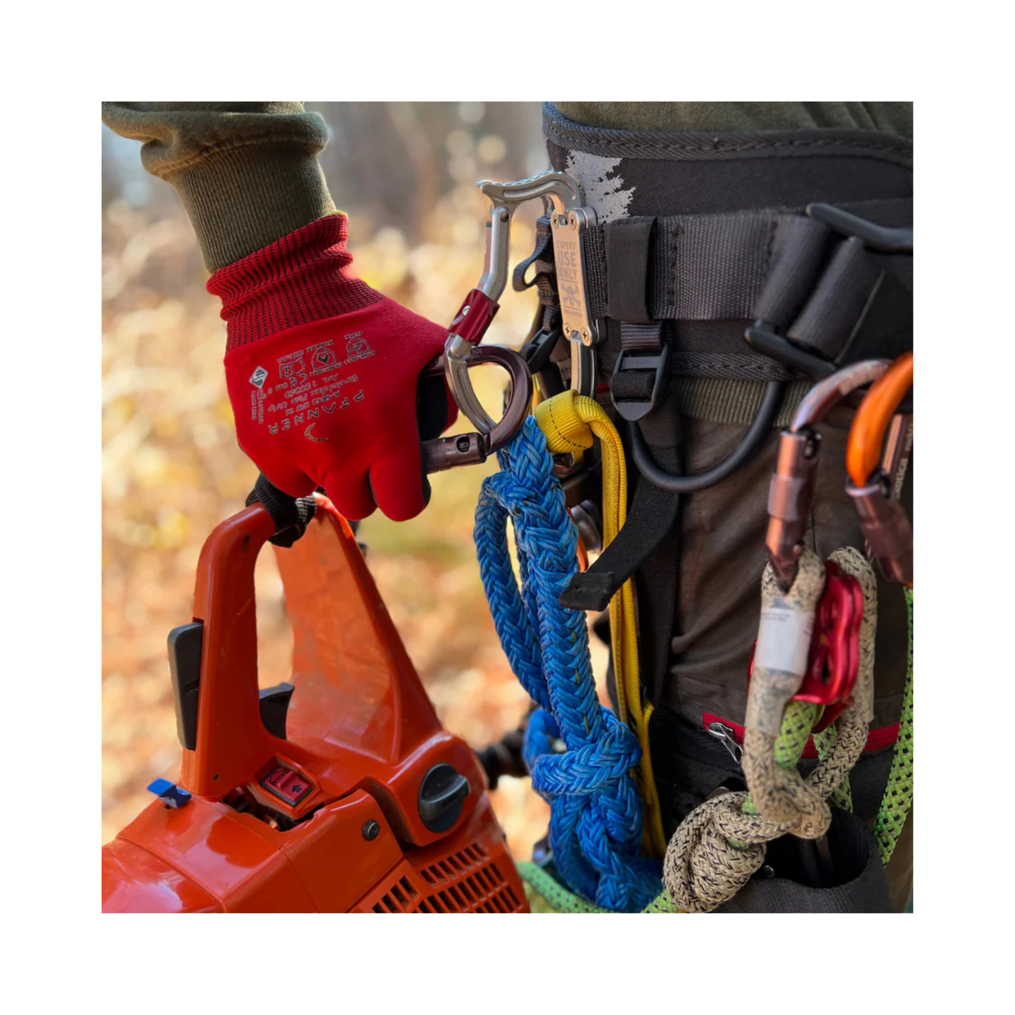 Close-up of a worker using a TransPorter XL Tool Karabiner on a chainsaw and climbing gear.
