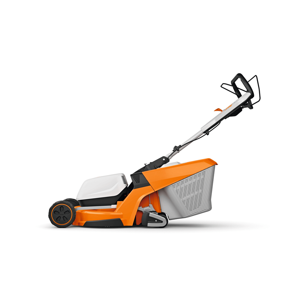 RMA 448 RV Cordless Lawnmower side view showcasing its design and features for effective lawn care.