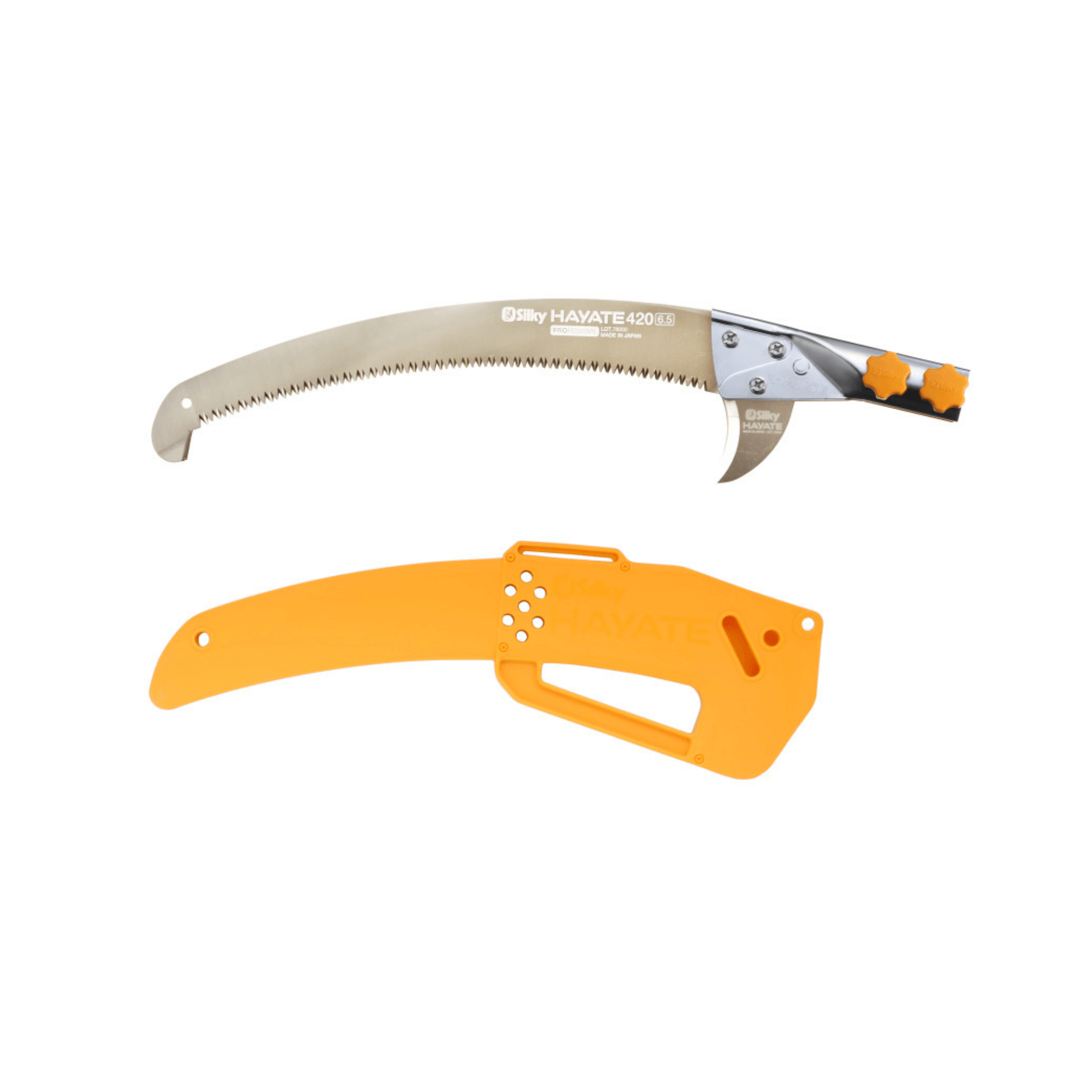 Silky Hayate Telescopic Tree Pruning Pole Saws with saw blade and protective cover displayed.
