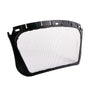 3M face shield with stainless steel mesh visor, protects against debris. Clear brow guard, adjustable fit.