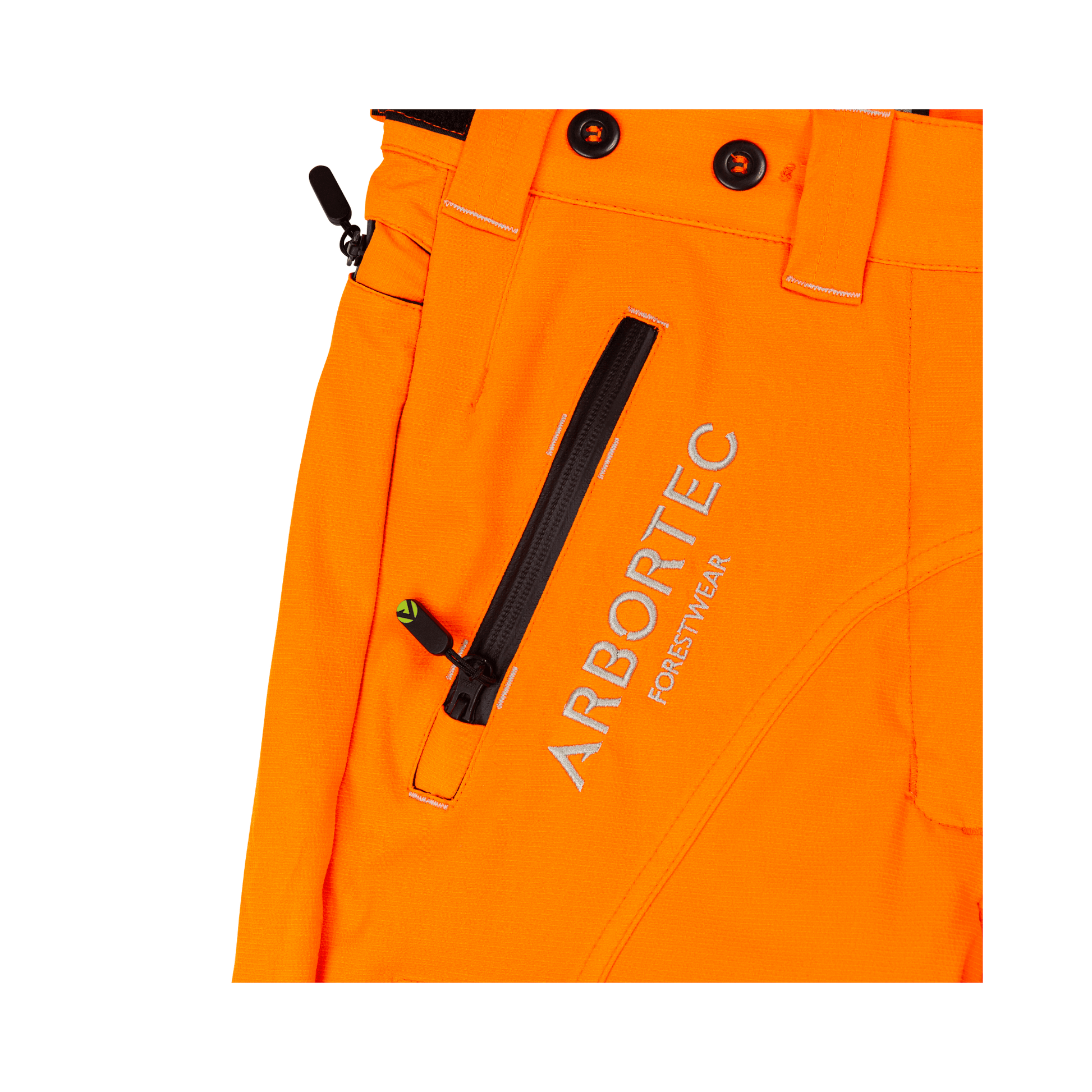Breatheflex Pro Womens Chainsaw Trousers Type A Hi-Vis Orange close-up showing zipper and branding detail.