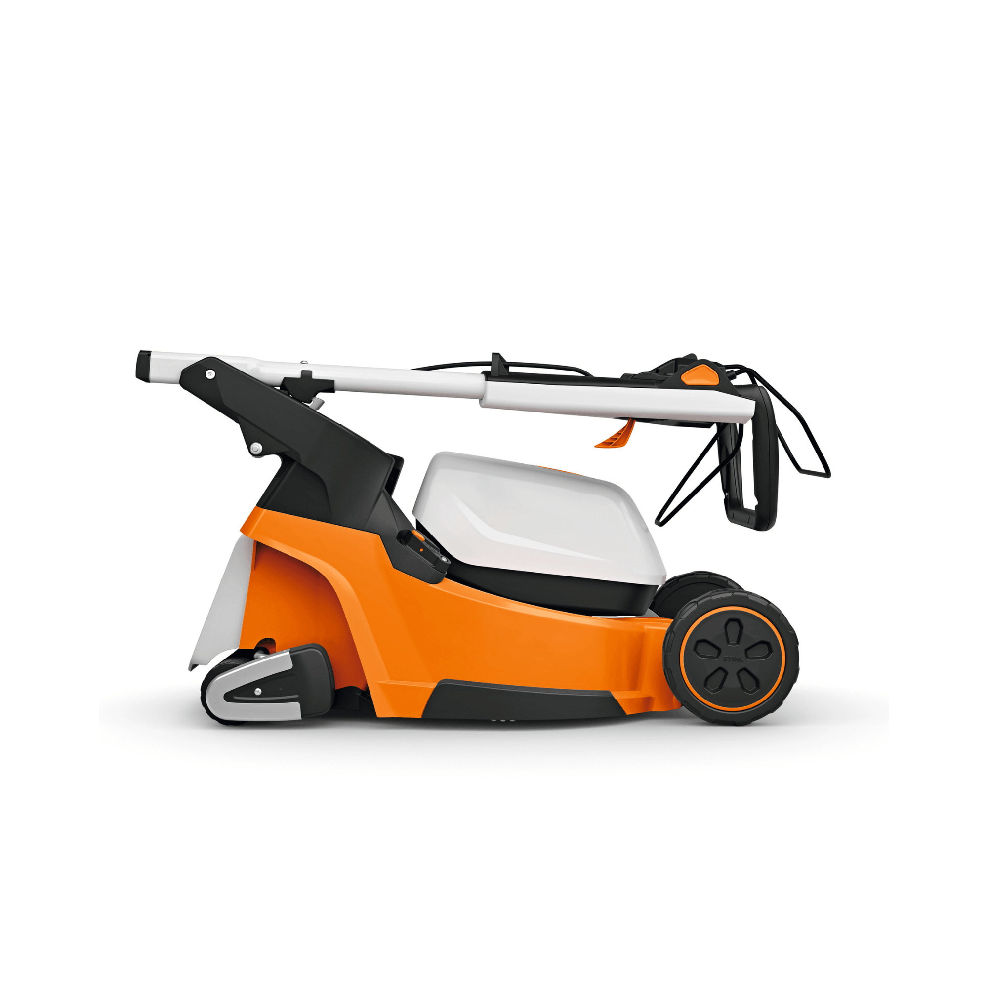 STIHL RMA 448 RV cordless lawnmower showing central single-point cutting height adjustment from 15mm to 60mm.