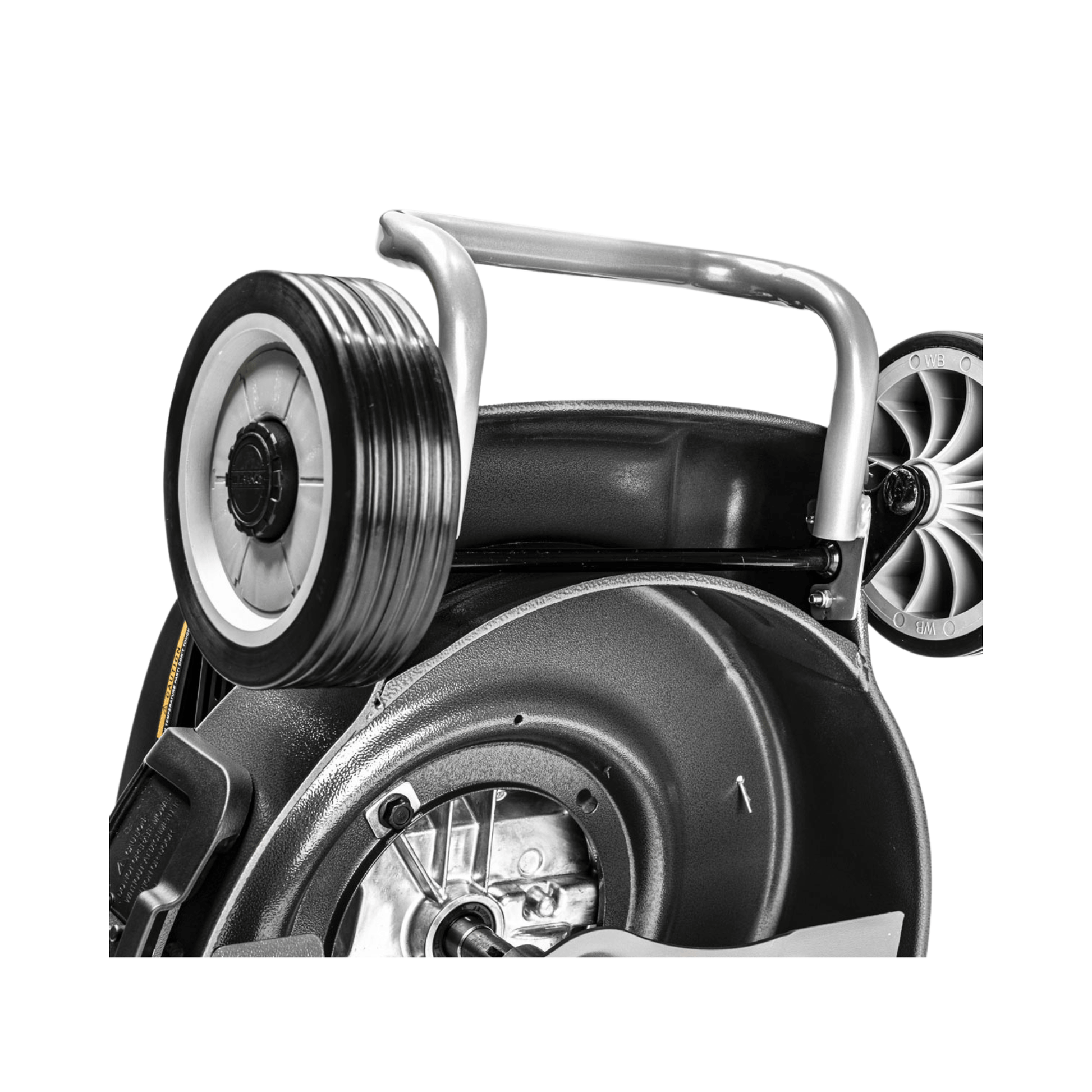 Close-up of the handle and rear wheel of the Virtue 50 SVP-H Variable Speed Petrol Lawnmower for easy maneuvering.