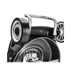 Close-up of the handle and rear wheel of the Virtue 50 SVP-H Variable Speed Petrol Lawnmower for easy maneuvering.
