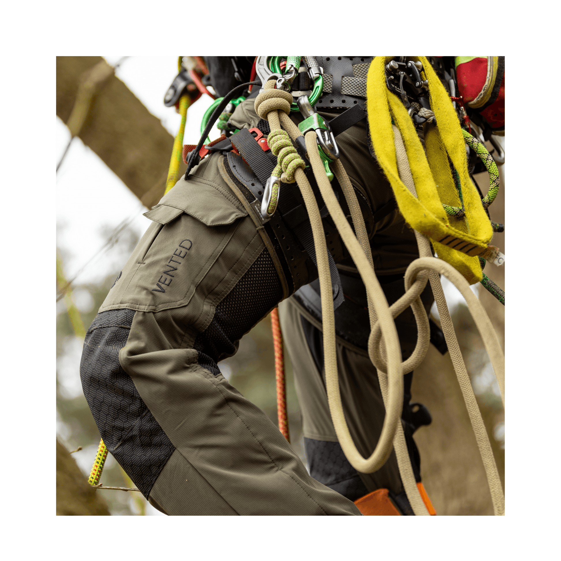 Vented Chainsaw Trousers Type A showcasing lightweight design and advanced ventilation for arborists in action.
