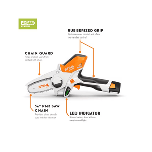 STIHL GTA 26 Cordless Pruning Saw features: rubberized grip, chain guard, LED indicator, and low-vibration saw chain.