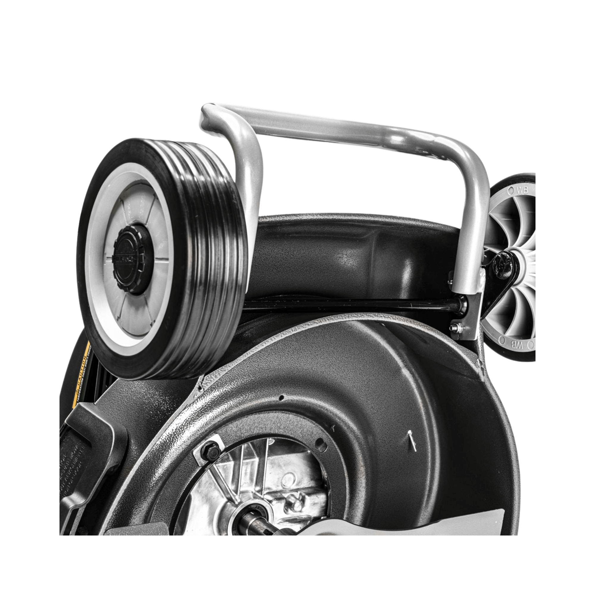 Close-up of the handle and wheel of the Virtue 46 SVP-H 4 in 1 Variable Speed Petrol Lawnmower.