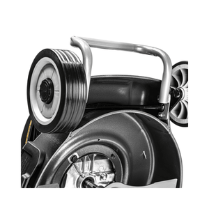 Close-up of the handle and wheel of the Virtue 46 SVP-H 4 in 1 Variable Speed Petrol Lawnmower.