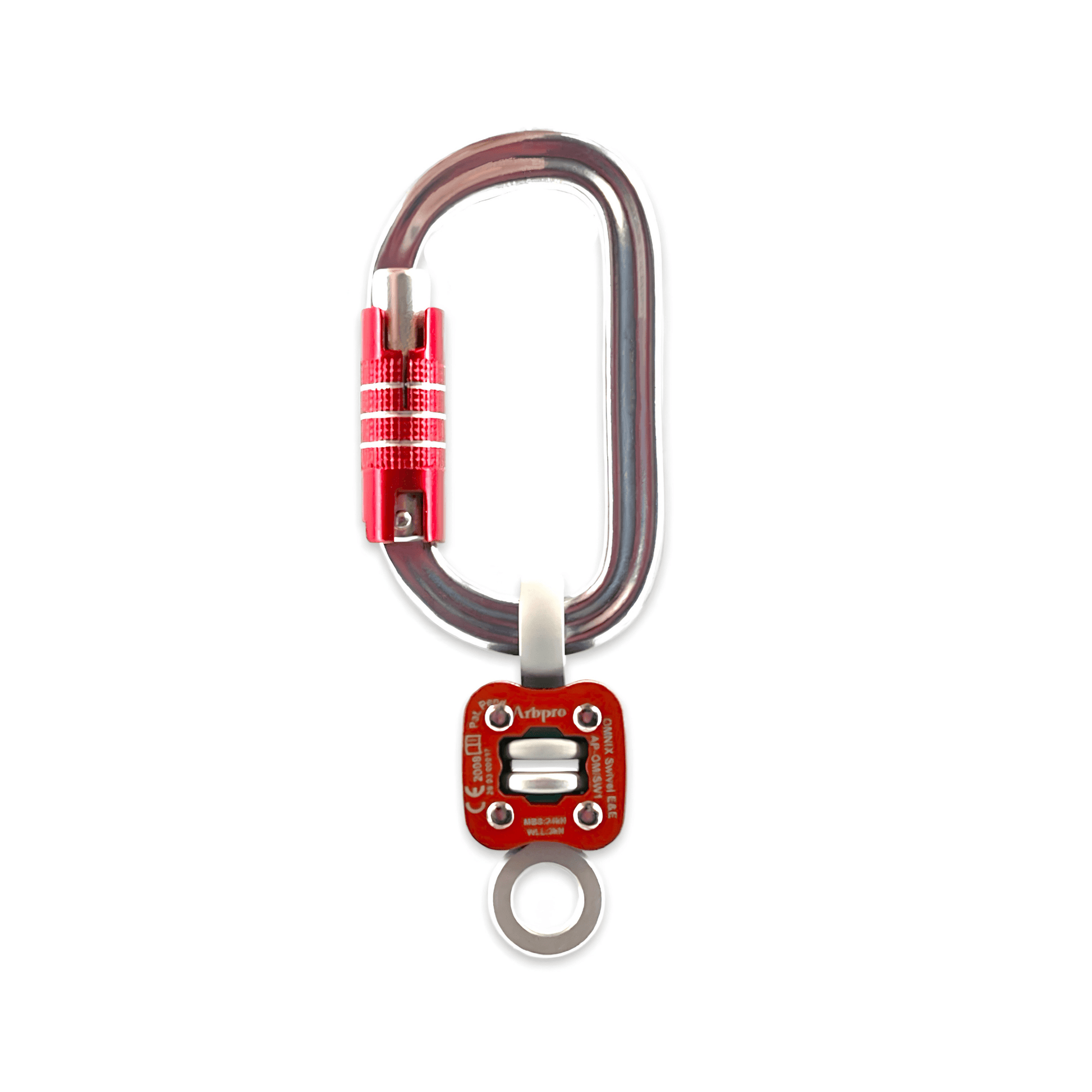 Omnix Swivel Eye&Eye connector featuring a robust design with a safety carabiner for secure connections.