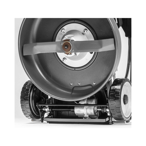 Inside view of the WEIBANG Virtue 46 SMP LV Petrol Mulcher Lawnmower showing the blade and wheels.