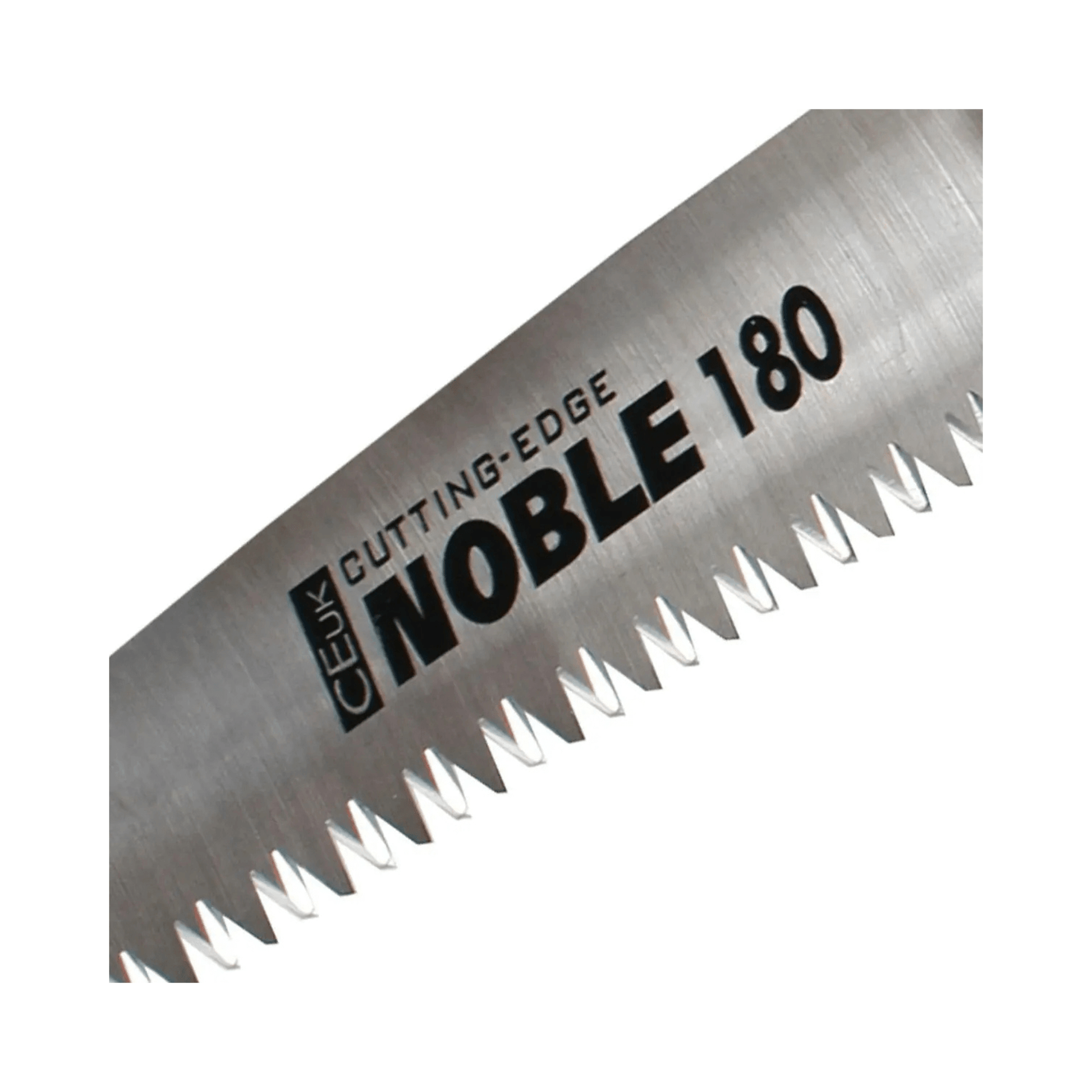 Close-up of the blade of the Noble F-180 Folding Handsaw showcasing precision teeth and steel material.
