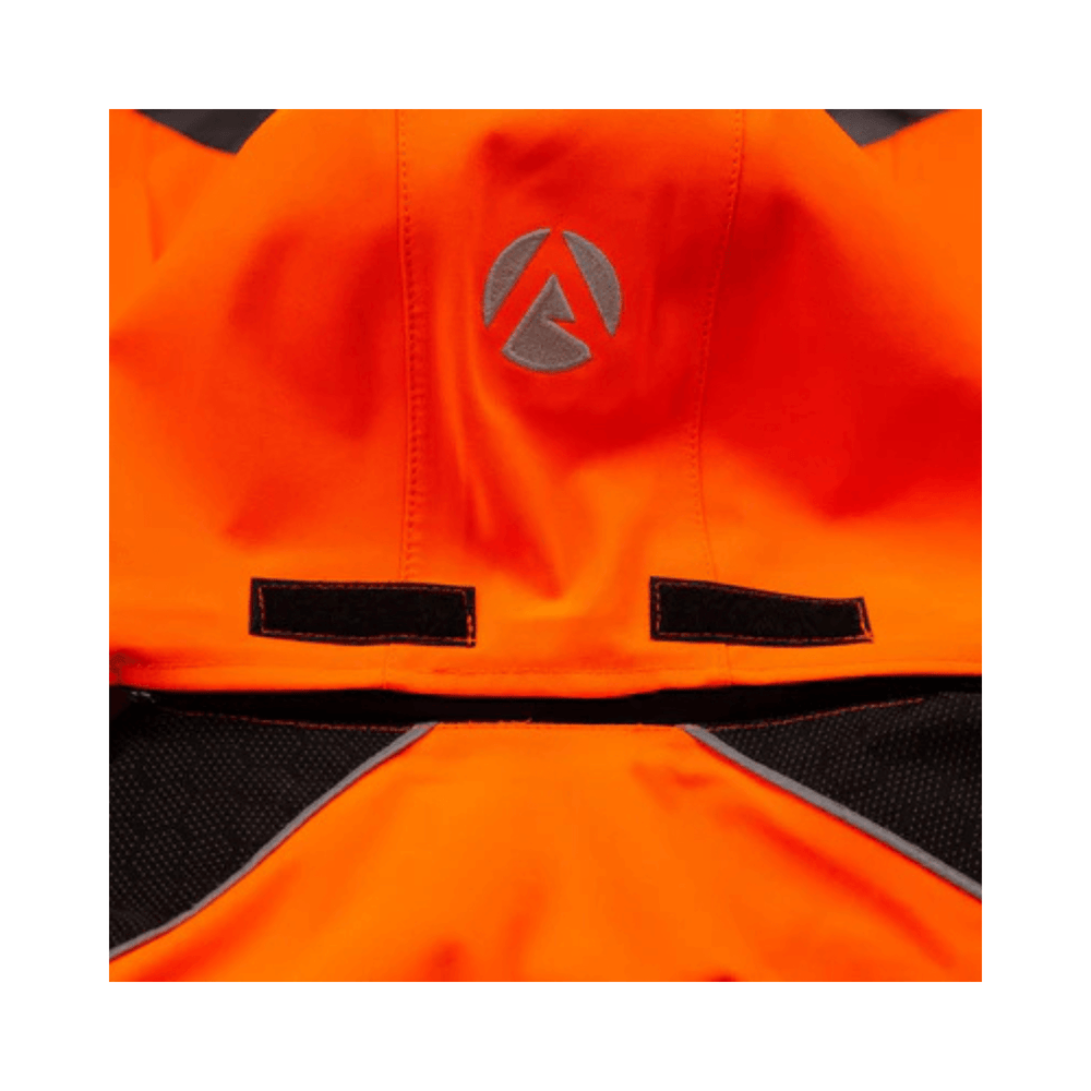 Heavy Duty BreatheDry Hi-Vis Smock close-up view showing bright orange fabric and logo, ideal for arborist and tree surgeon use.