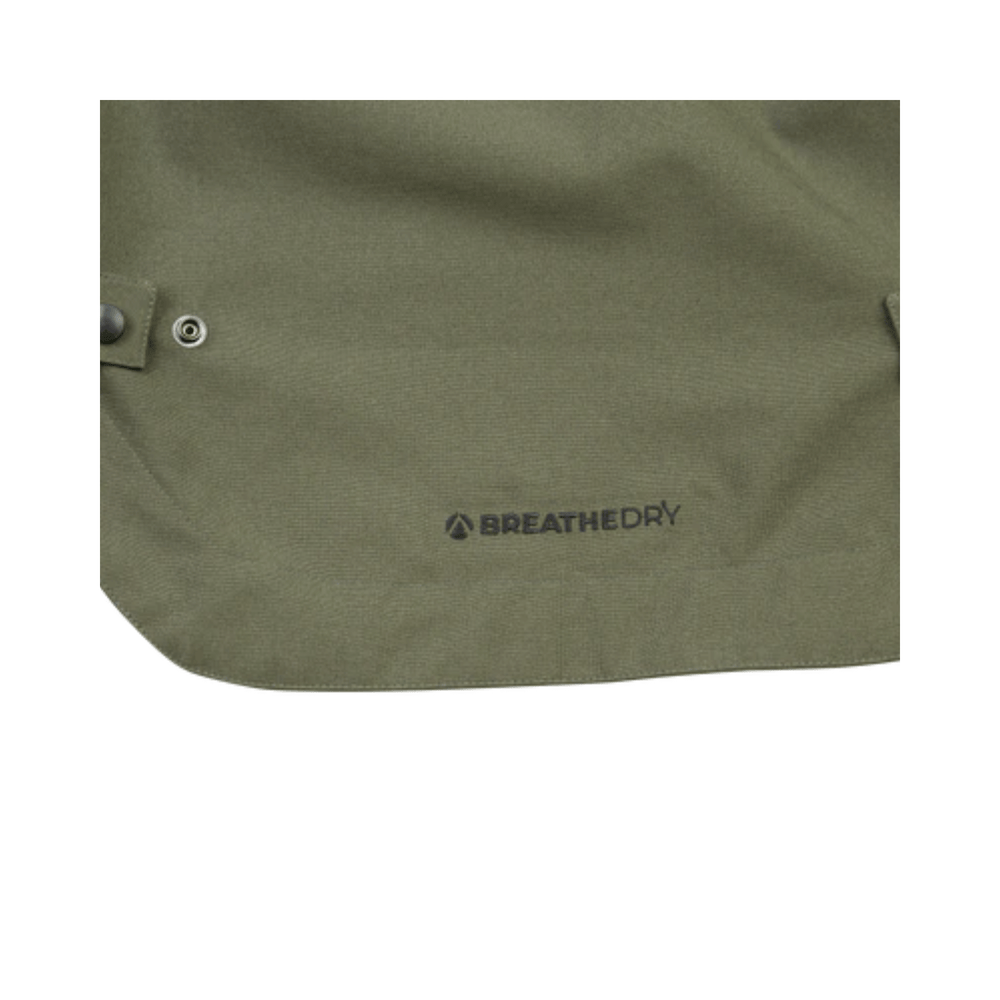 Close-up of the BreatheDry Heavy Duty Smock showing the logo on durable fabric, ideal for tree surgeons and arborists.