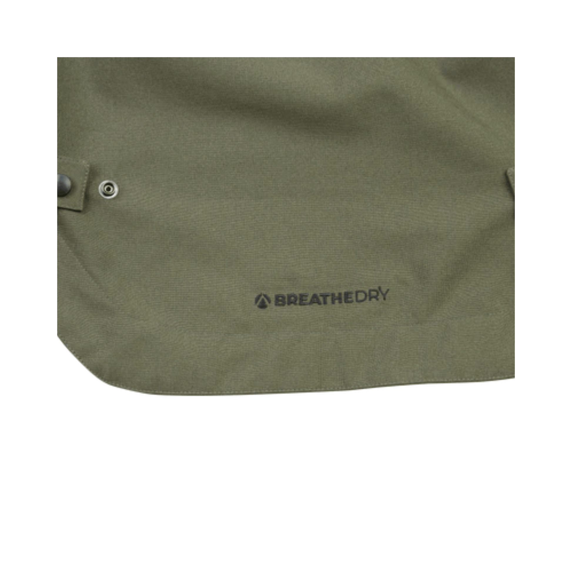 Close-up of the BreatheDry Heavy Duty Smock showing the logo on durable fabric, ideal for tree surgeons and arborists.