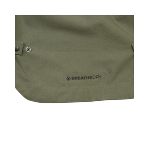 Close-up of the BreatheDry Heavy Duty Smock showing the logo on durable fabric, ideal for tree surgeons and arborists.