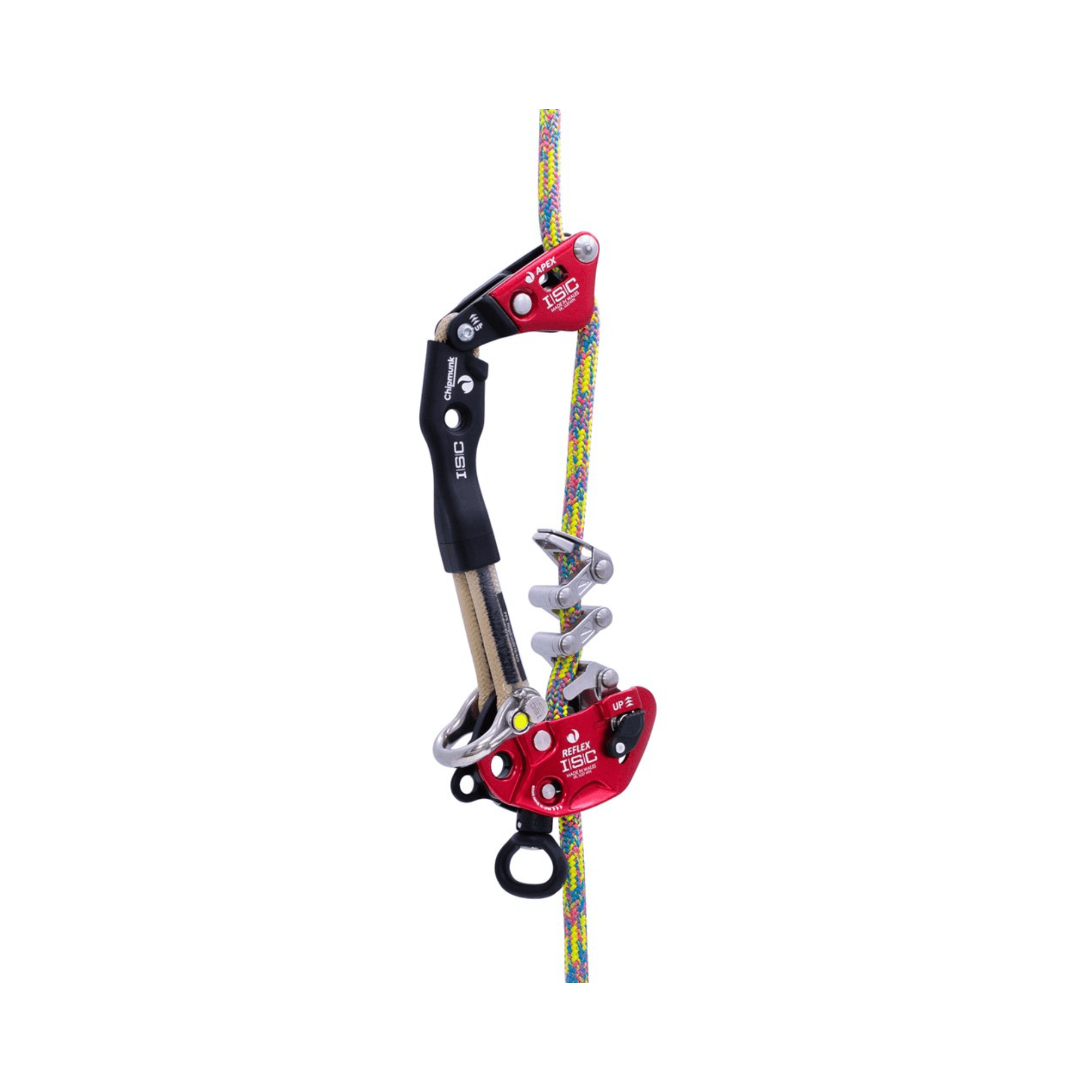 REFLEX Mechanical Hitch on a colorful rope, designed for precision friction control and rescue capability.