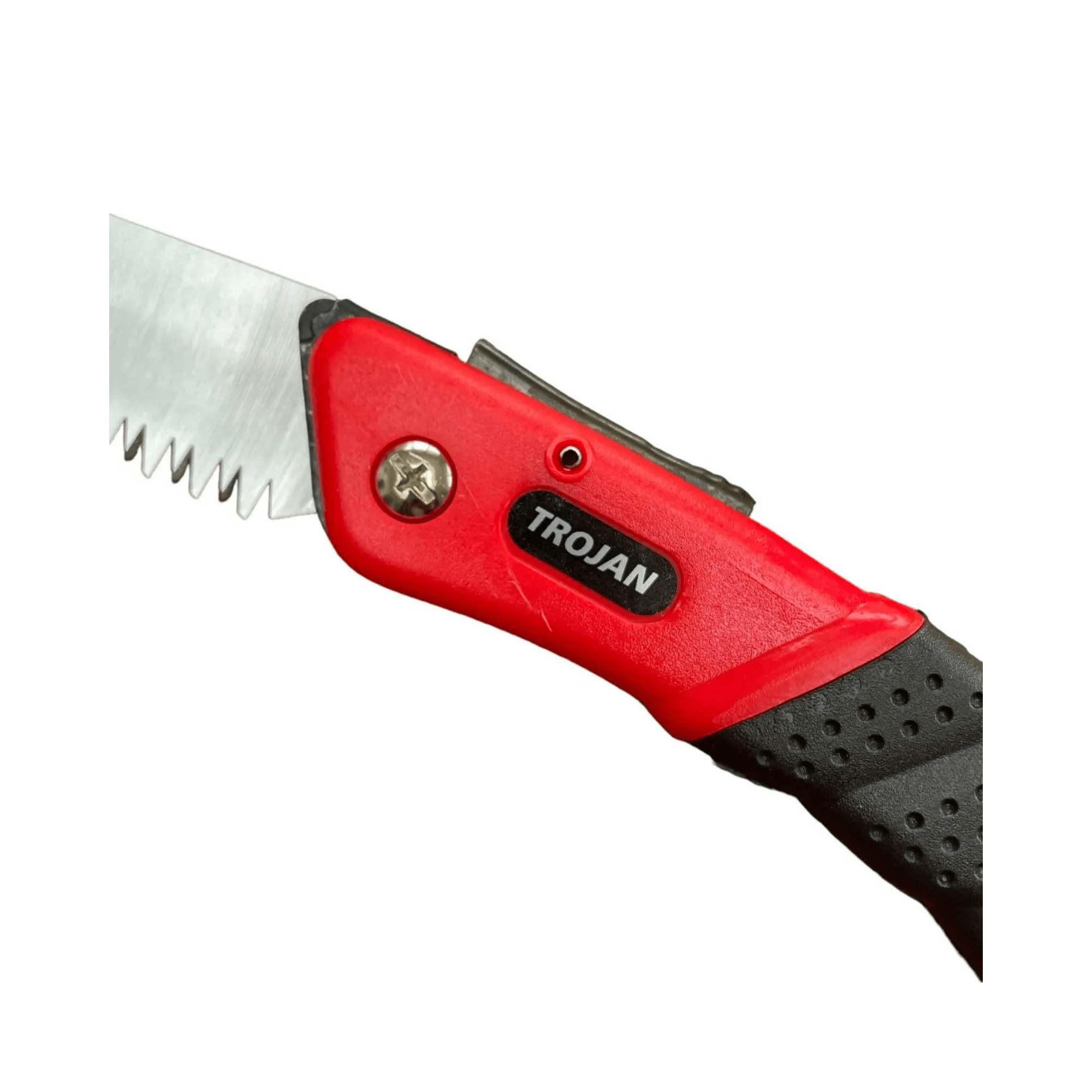 Trojan folding saw with serrated blade and ergonomic red handle for easy handling and precise cutting.