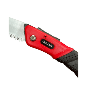 Trojan folding saw with serrated blade and ergonomic red handle for easy handling and precise cutting.
