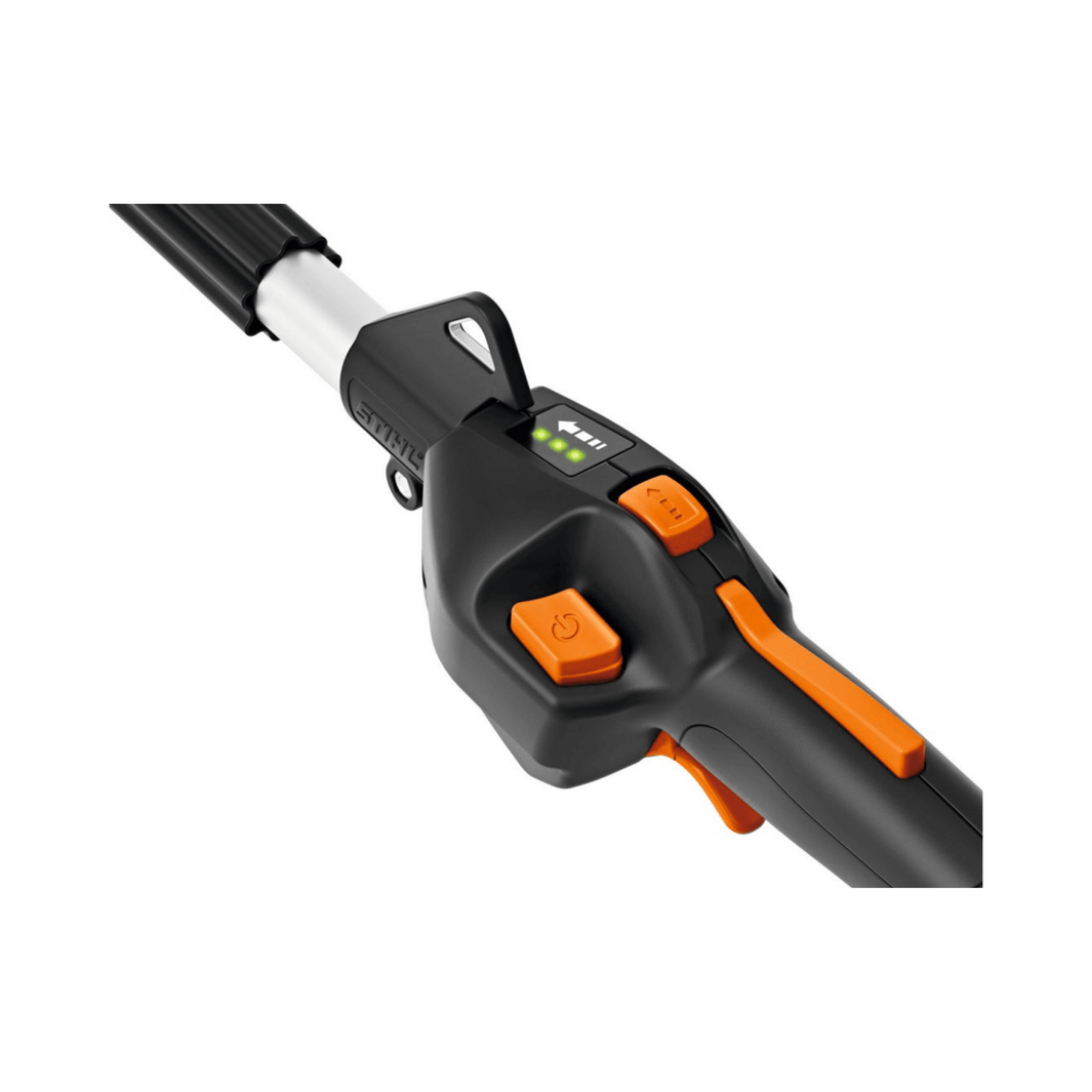 Control panel of the FSA 80 R Cordless Trimmer with buttons and battery indicator.