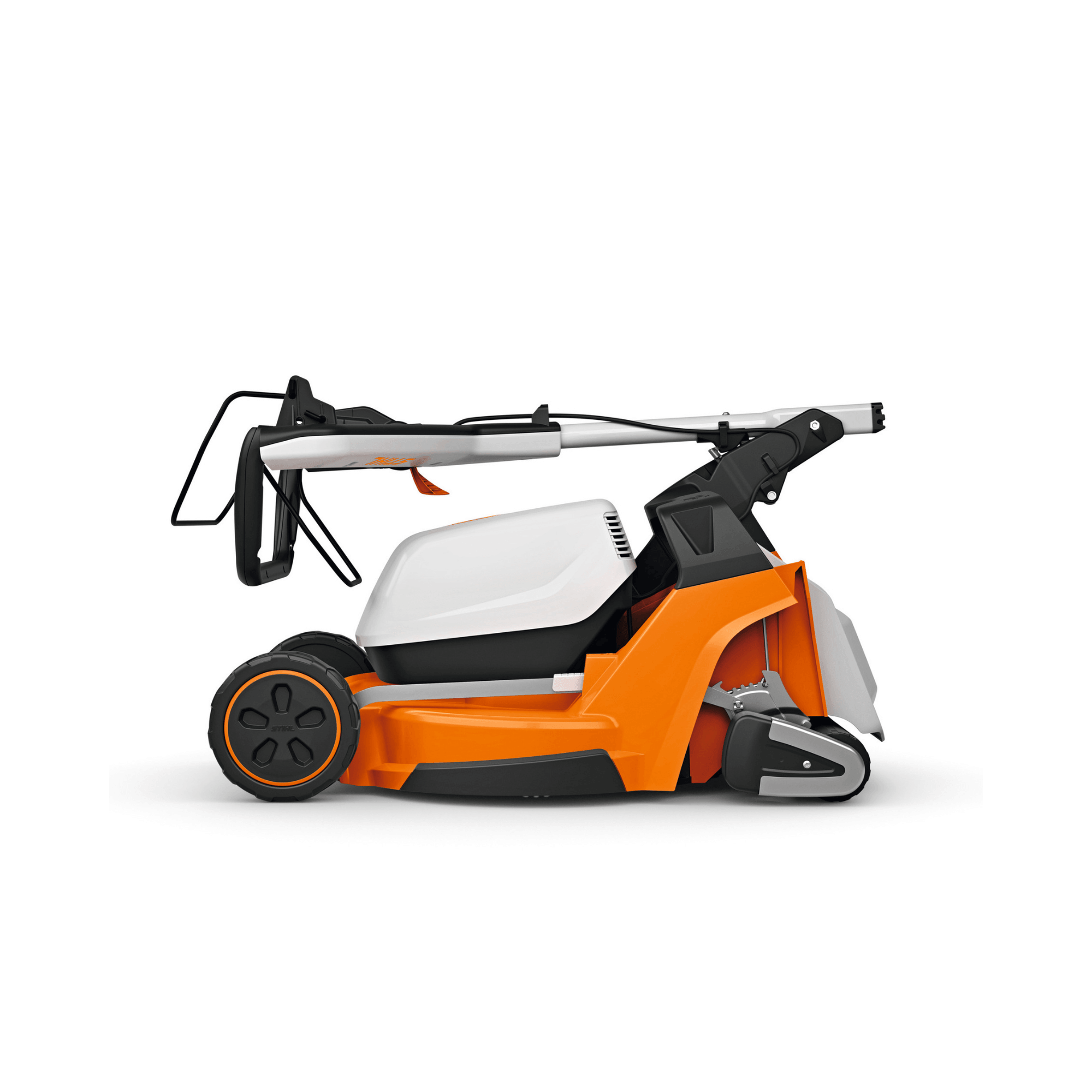 STIHL RMA 448 RV cordless lawnmower with handlebar folded down for compact storage.