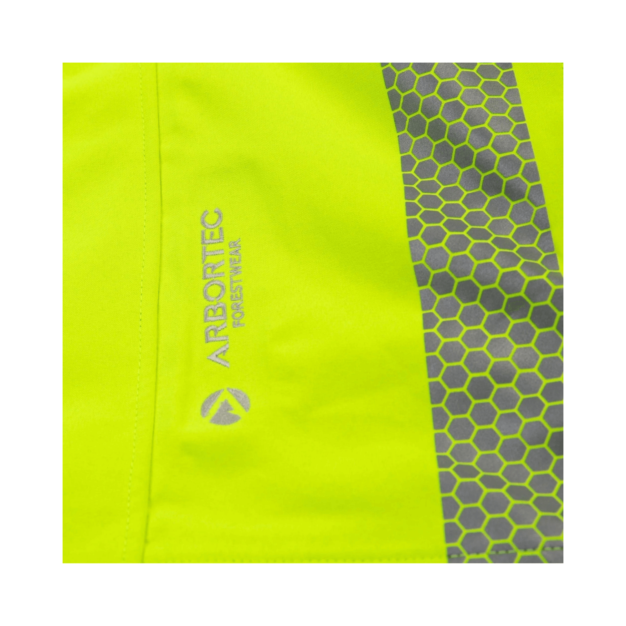 Close-up of Arbortec logo on Heavy Duty Full Zip Waterproof Jacket Hi Vis Yellow.
