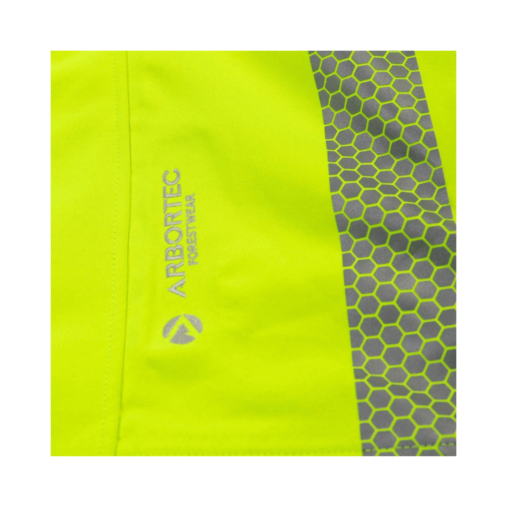 Close-up of Arbortec logo on Heavy Duty Full Zip Waterproof Jacket Hi Vis Yellow.