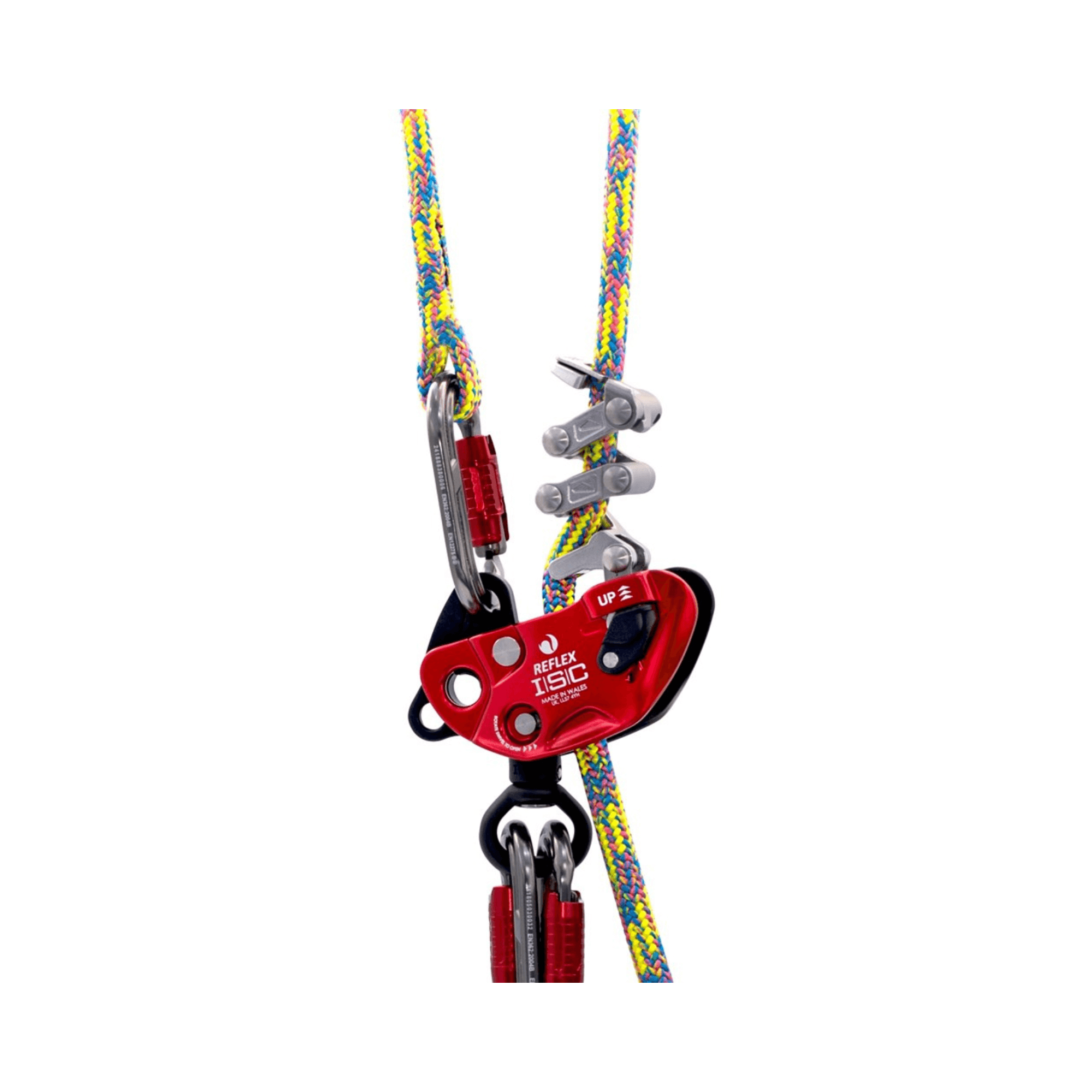 REFLEX Mechanical Hitch attached to colorful climbing rope, designed for precise friction control and rescue certification.
