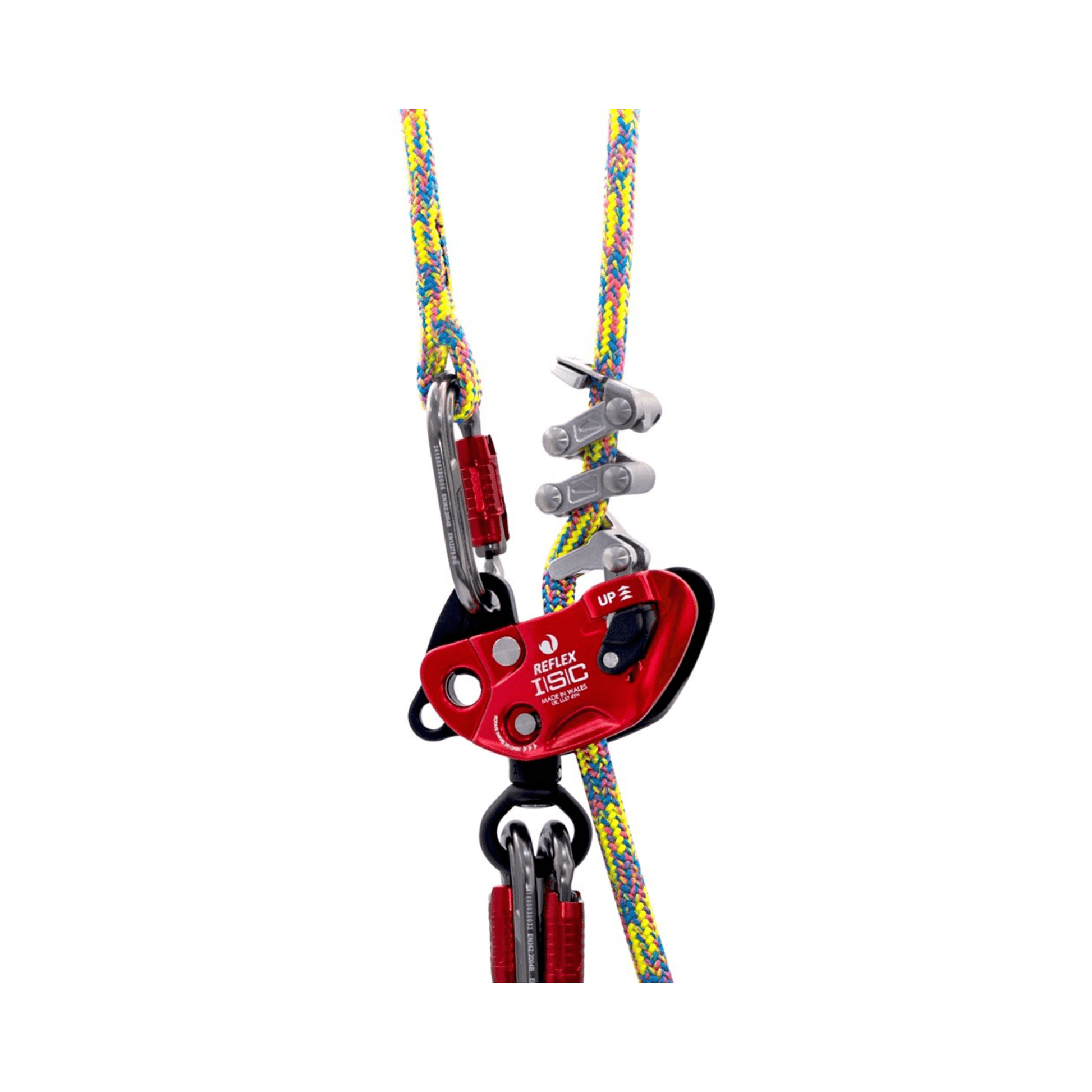 REFLEX Mechanical Hitch attached to colorful climbing rope, designed for precise friction control and rescue certification.