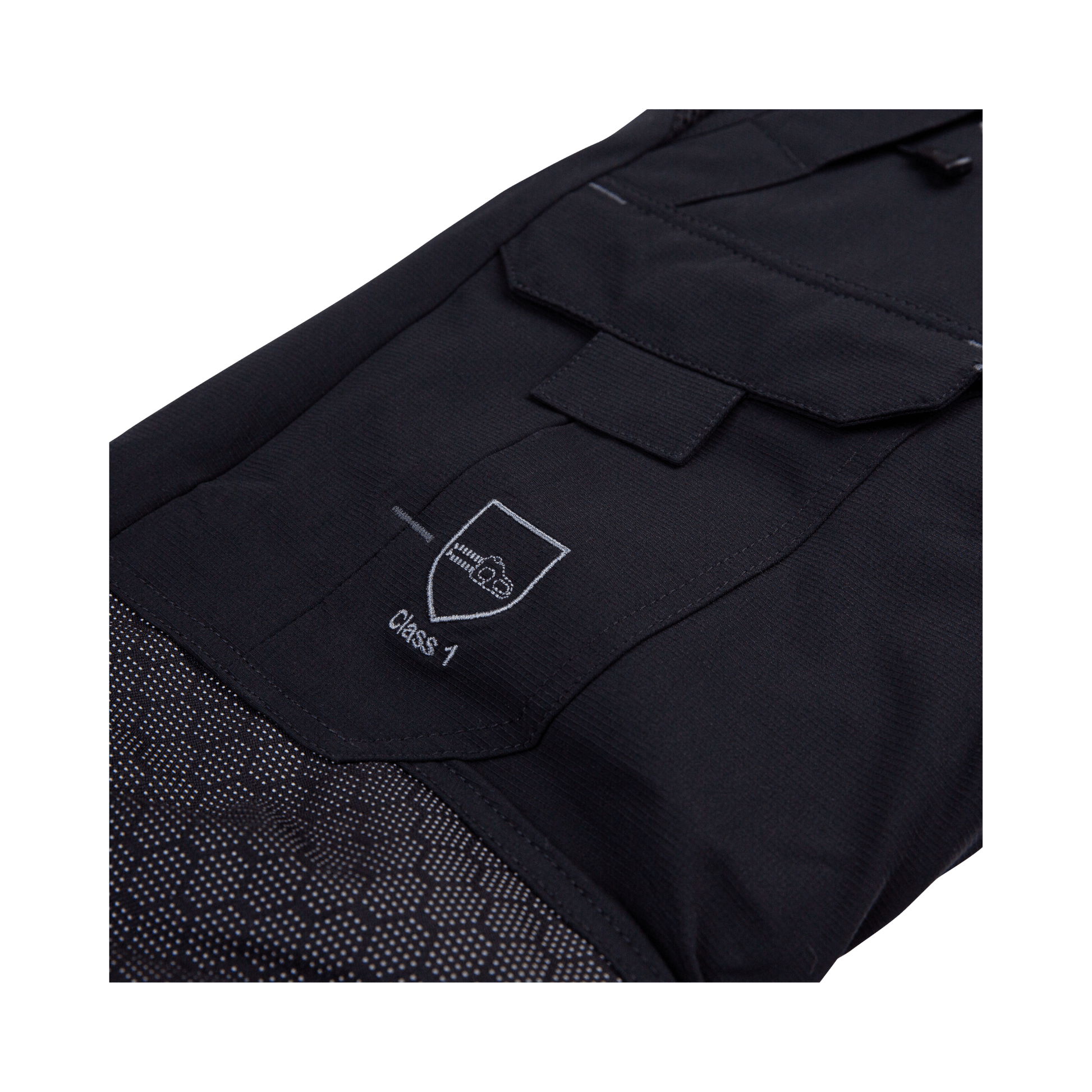 Vented Chainsaw Trousers Type A close-up showing Class 1 certification and fabric details.