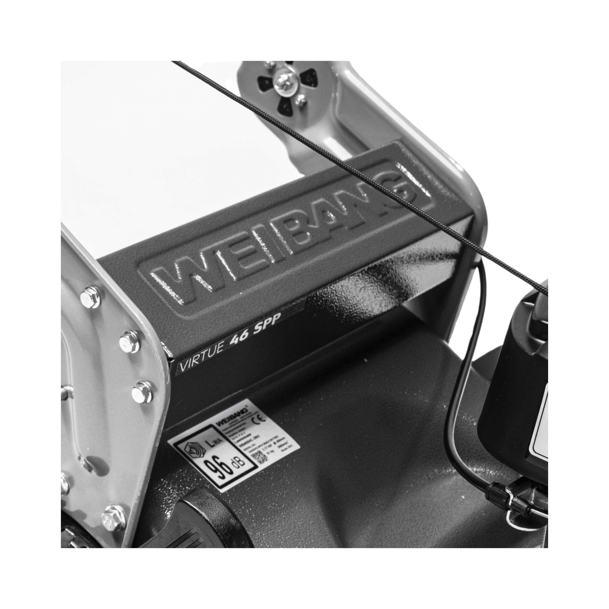 Weibang Virtue 46 SVP-H 4 in 1 Variable Speed Petrol Lawnmower close-up of engine and branding detail.
