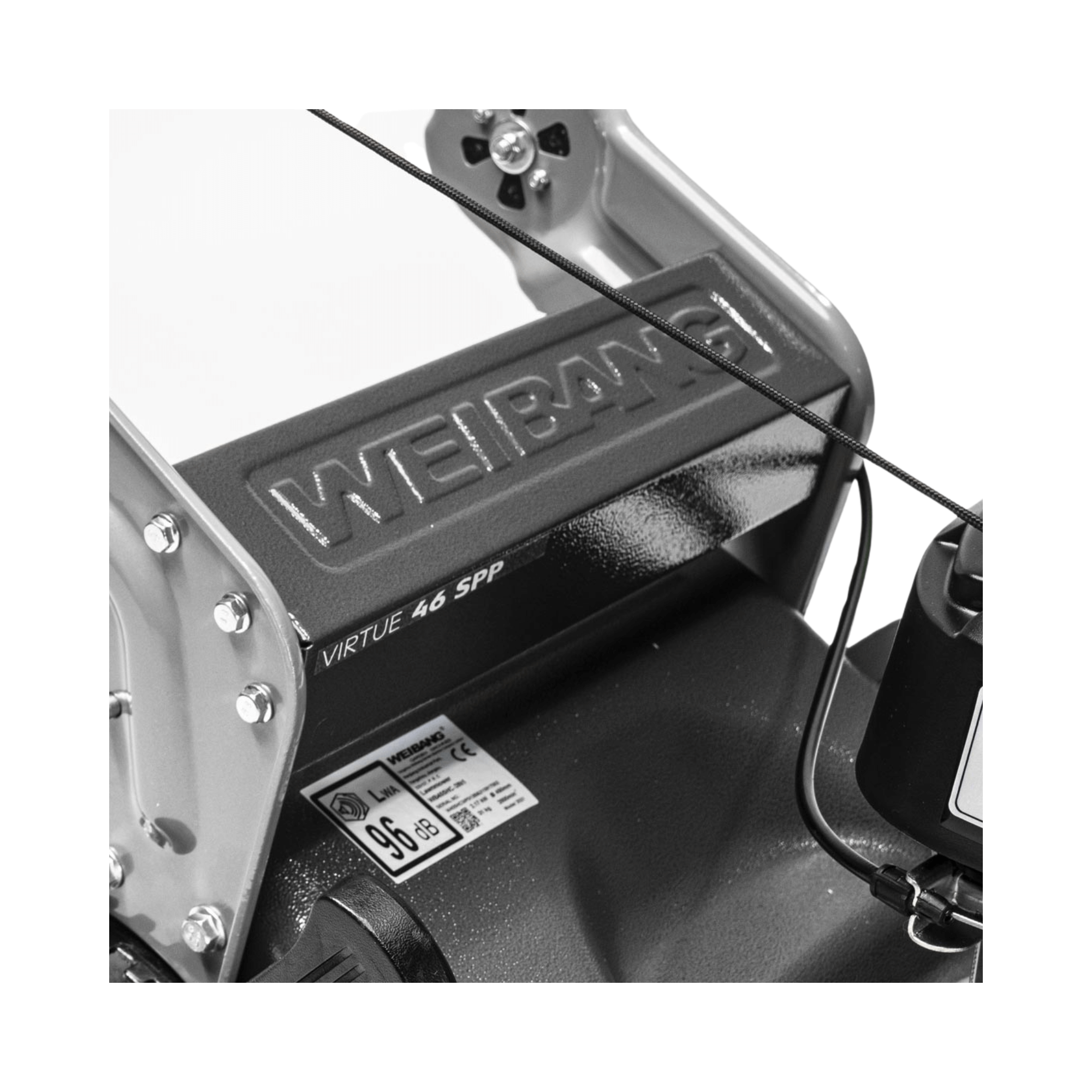 Weibang Virtue 46 SVP-H 4 in 1 Variable Speed Petrol Lawnmower close-up of engine and branding detail.