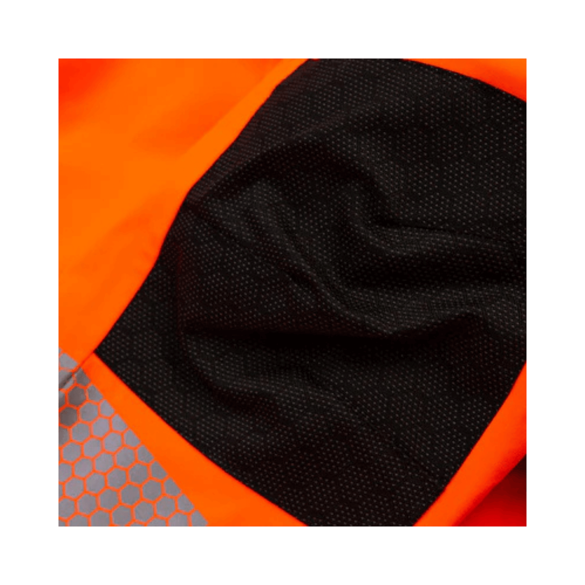 Close-up of the Heavy Duty BreatheDry Hi-Vis Smock highlighting the bright orange and breathable black fabric sections.