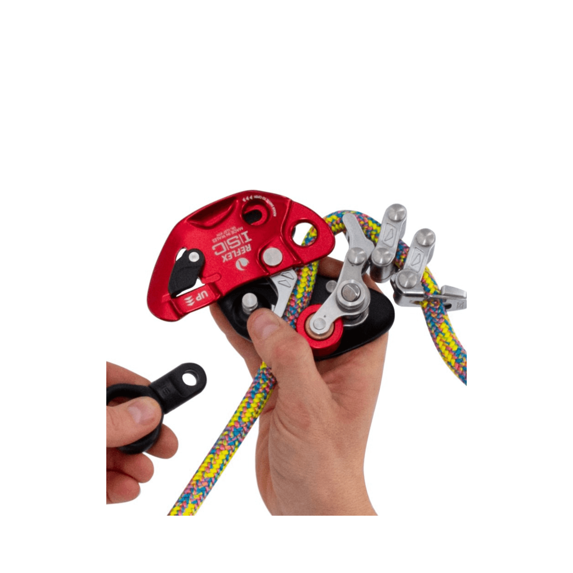 REFLEX Mechanical Hitch in use with colorful rope for mid-line attachment, designed for arborists and rope-access professionals.