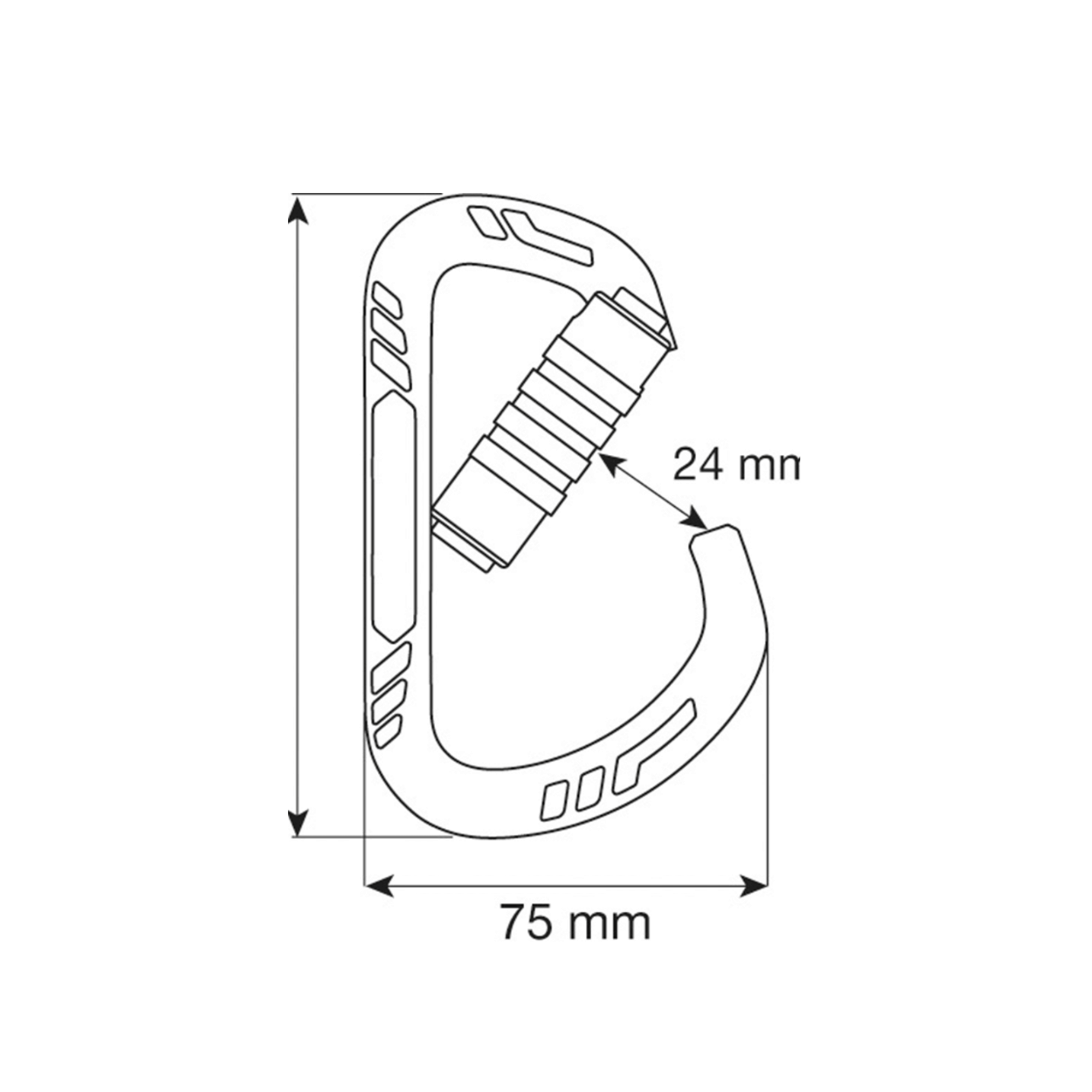 Guide XL 3LOCK Aluminium Carabiner dimensions diagram showing 75 mm length and 24 mm width.