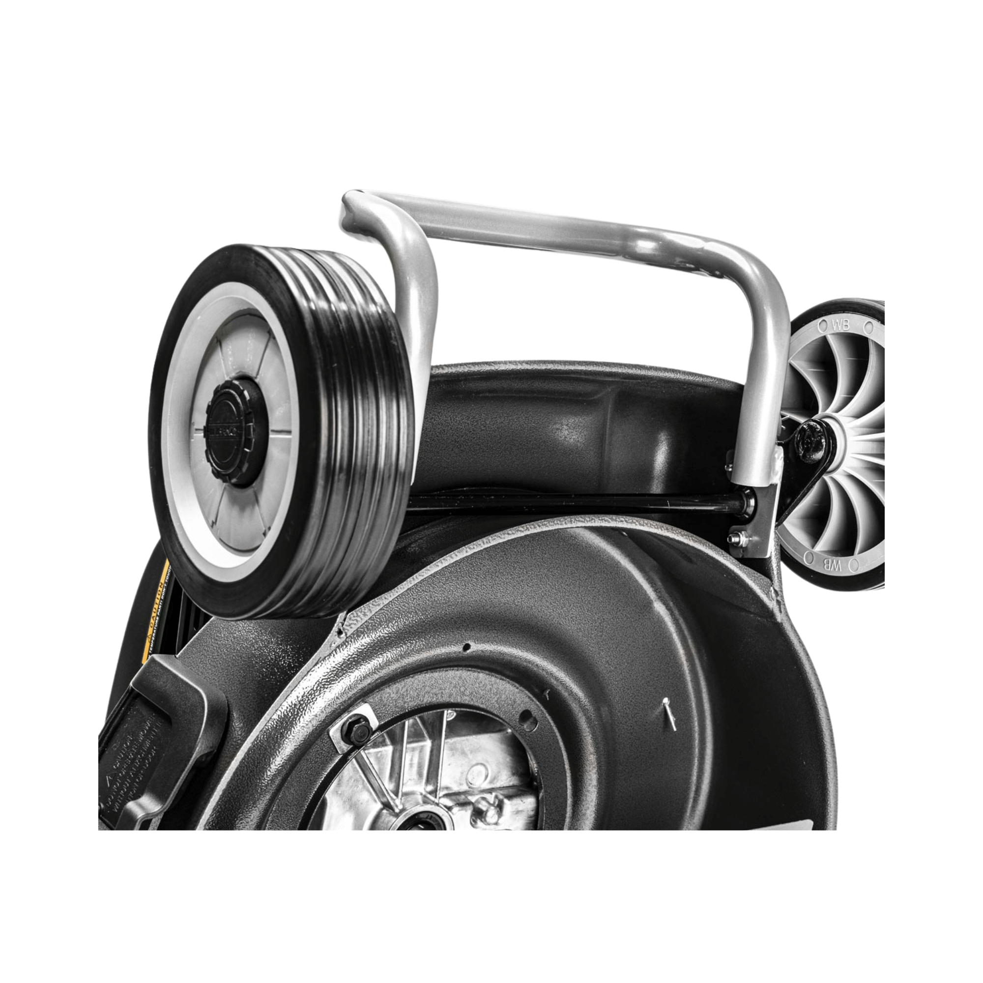 Close-up of the handle and wheel of the Virtue 50 SVP Variable Speed 4 in 1 Petrol Lawnmower for easy maneuverability.